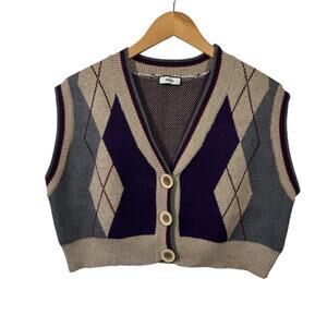 Menlo Sweater Vest Women Tan Dark Purple Argyle Cropped Large Button Academia